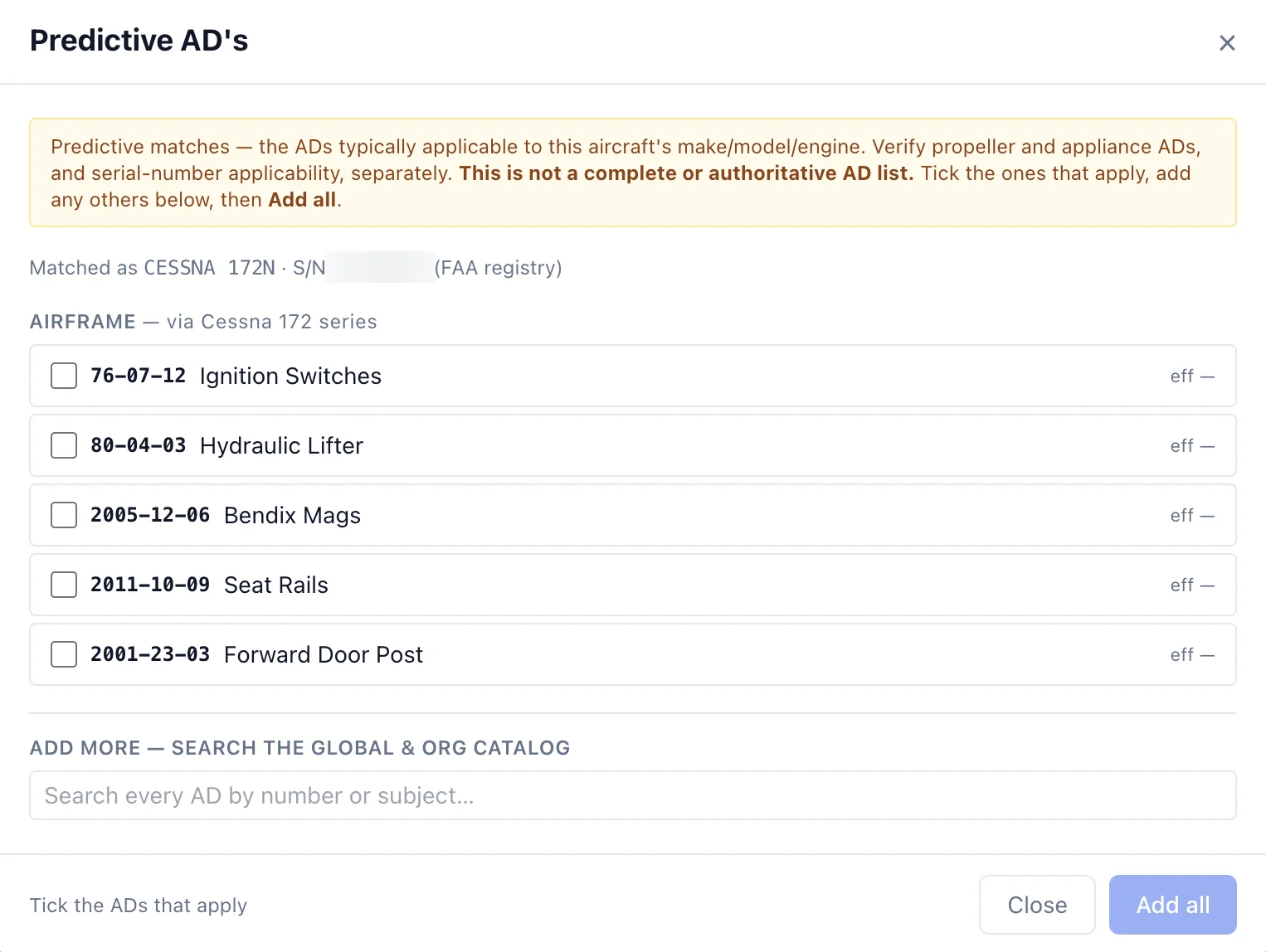 Predictive AD catalog — airframe matches by make/model/engine with add-all