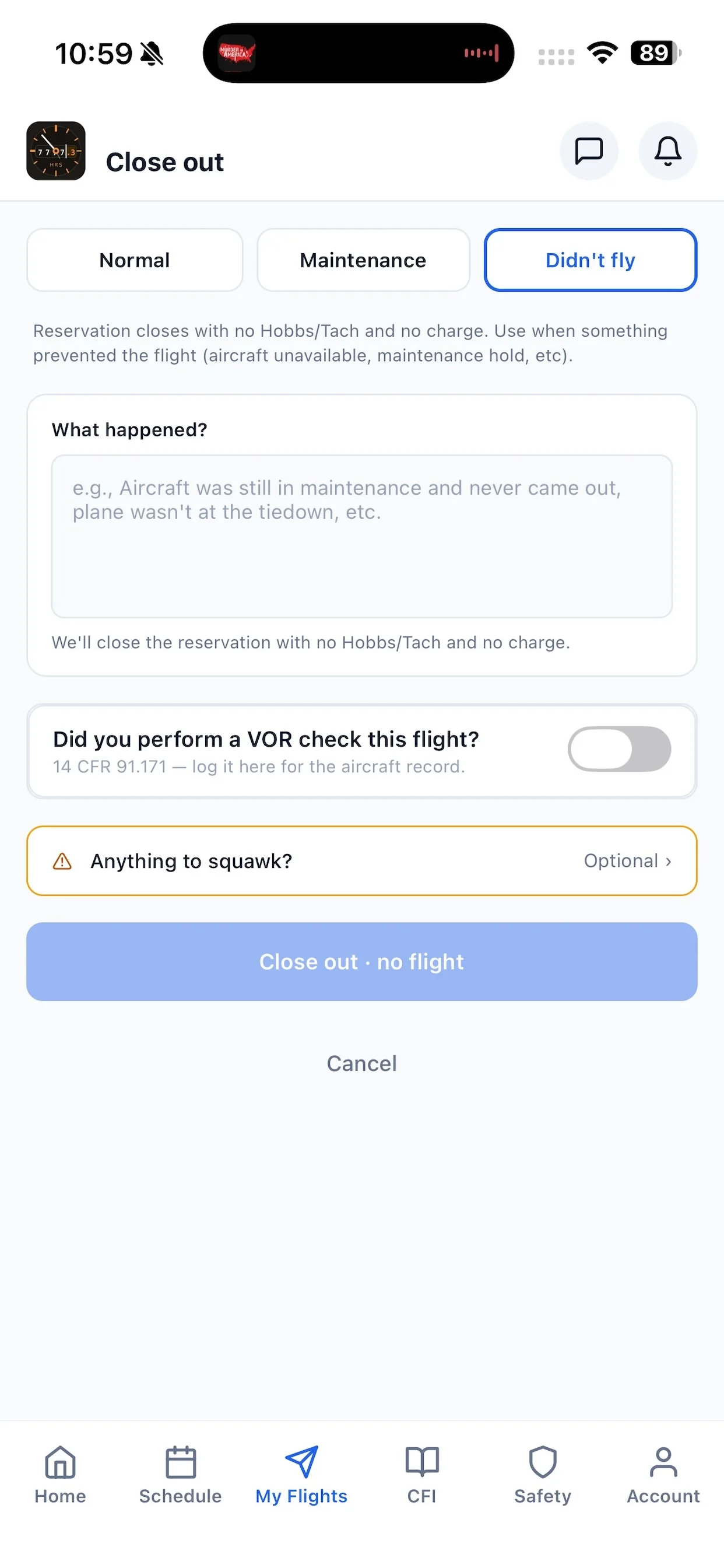 Hobbs member app — flight closeout