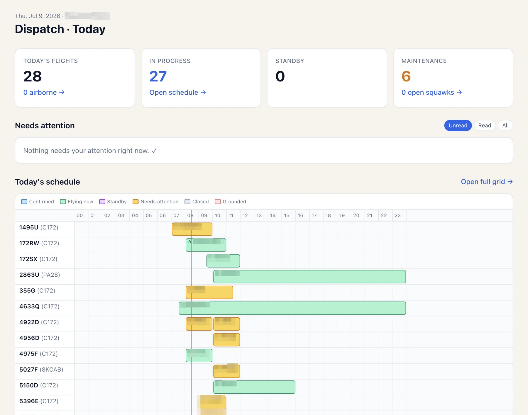 Hobbs dispatch dashboard — today's flights, needs-attention inbox, and the full-fleet schedule