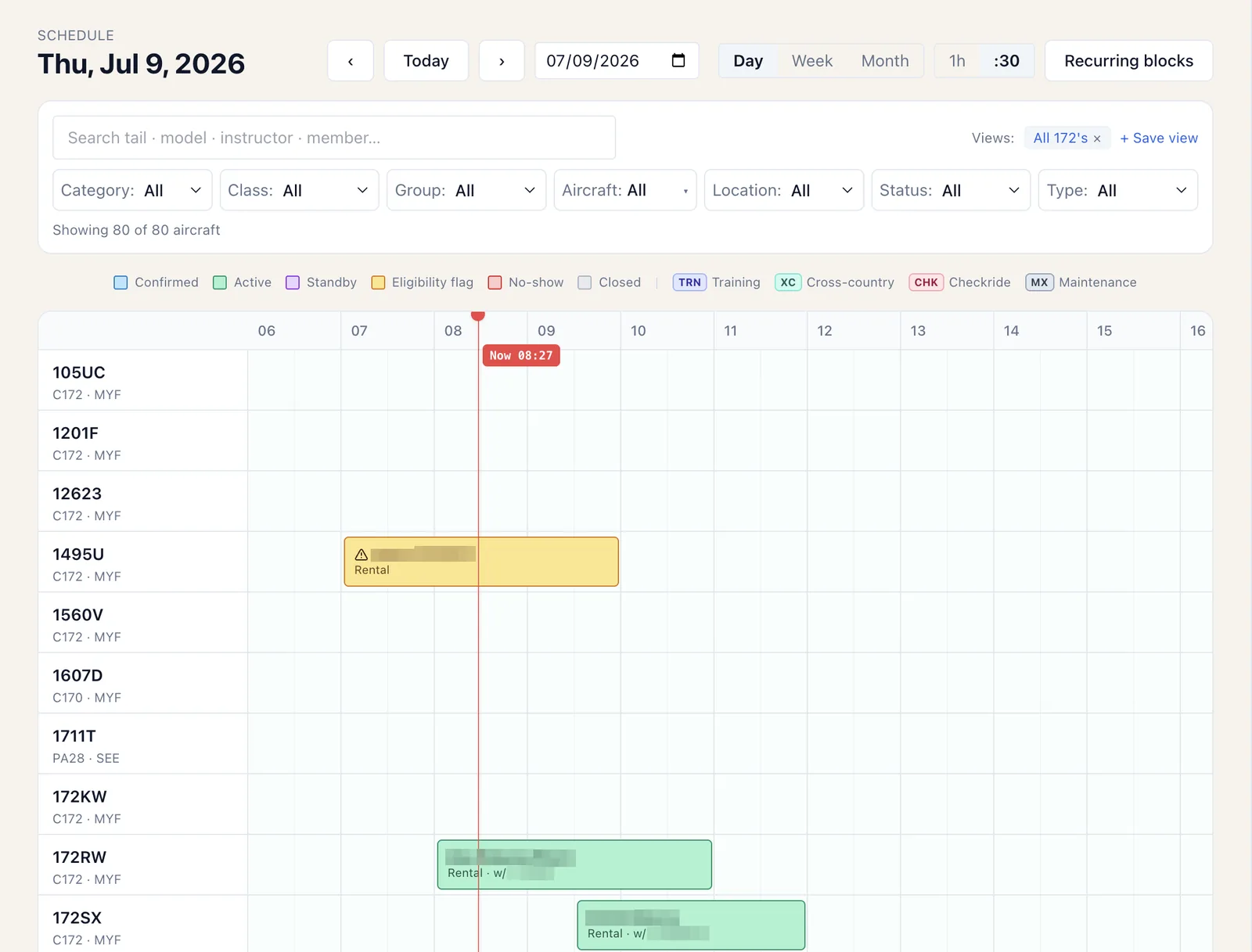 Hobbs fleet schedule grid with reservations, eligibility flags, and live now-line