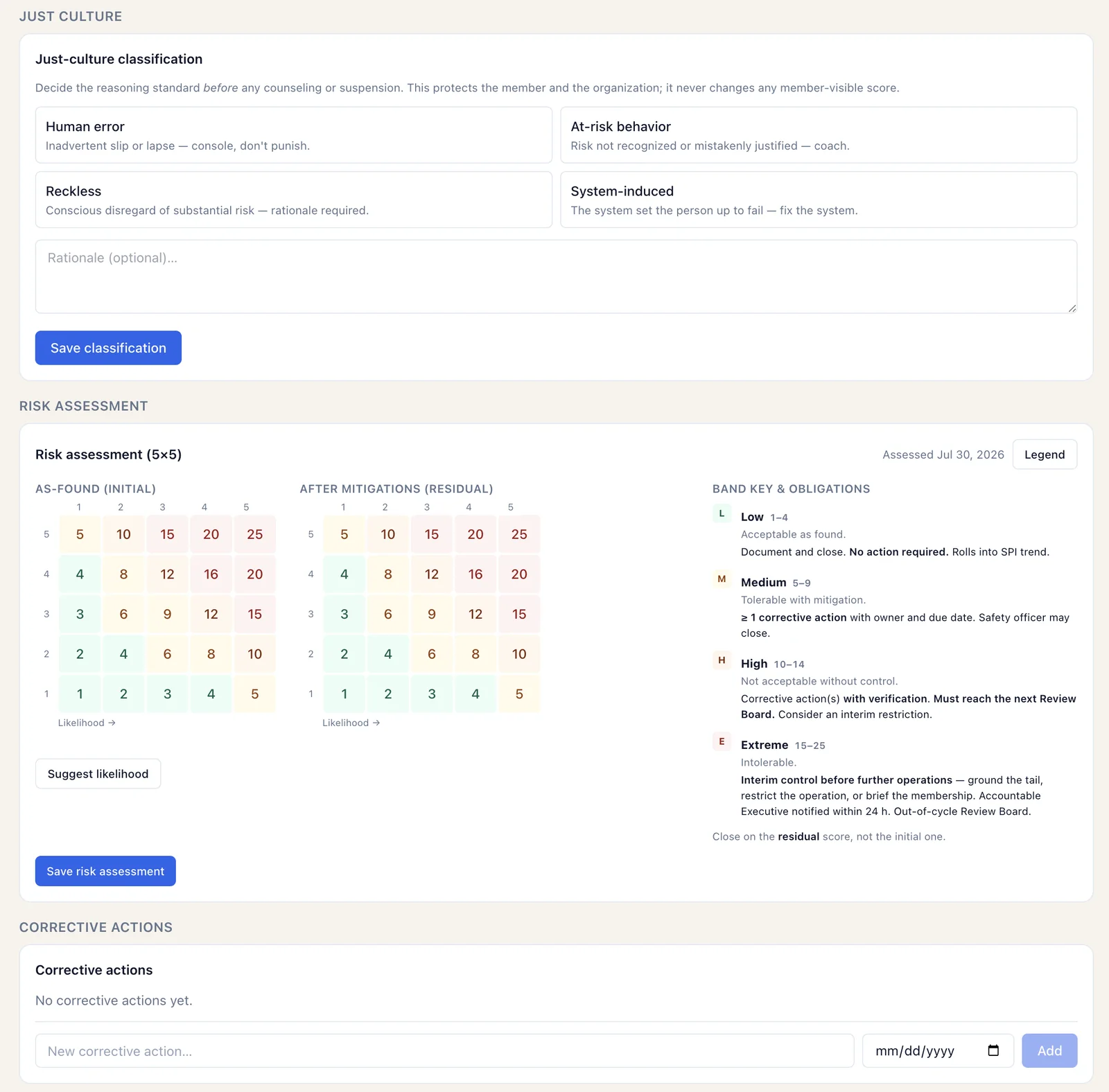 Safety report detail — Just Culture classification, 5x5 risk assessment, corrective actions