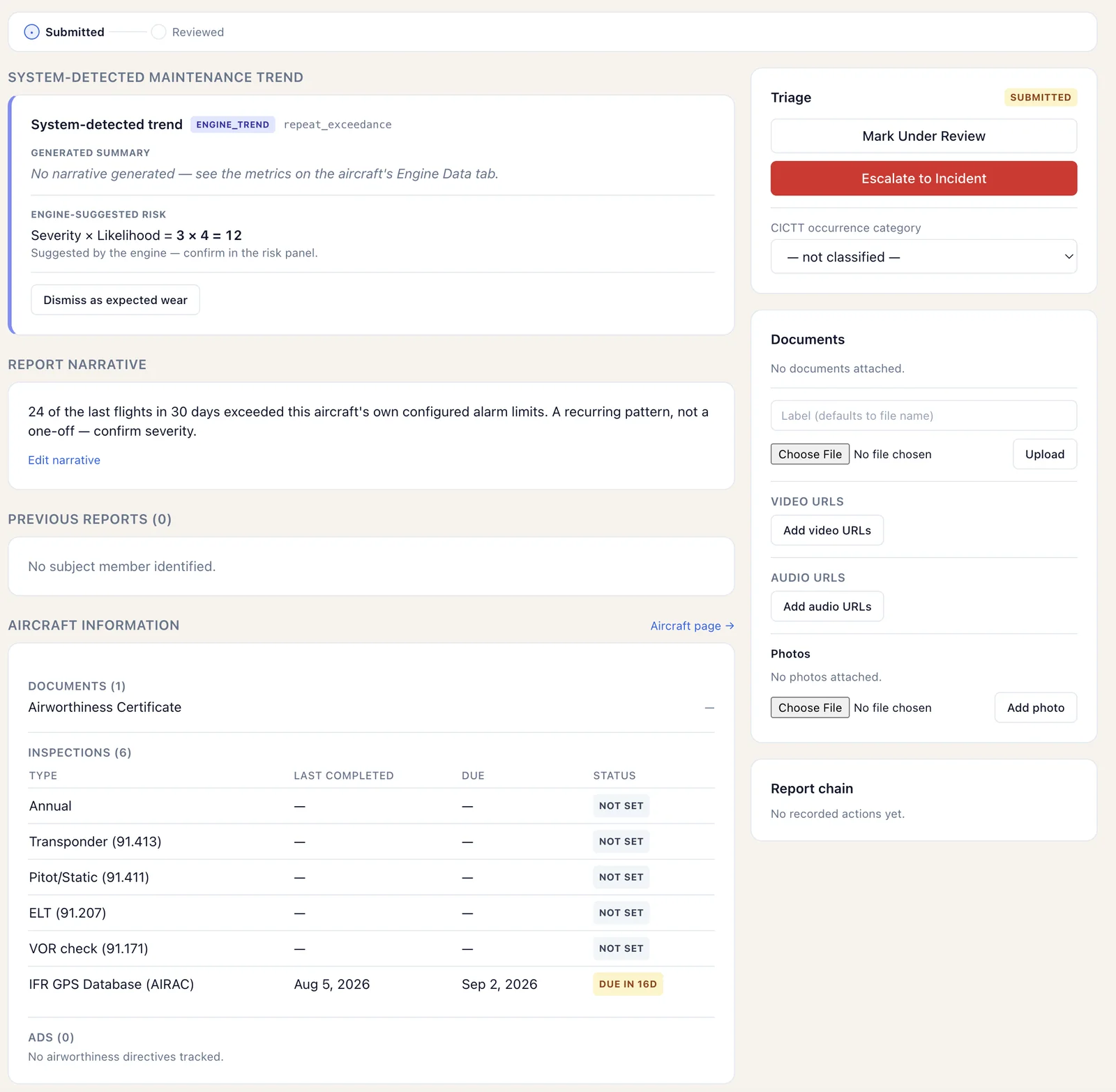 System-detected maintenance trend report with triage, CICTT category, and escalate-to-incident
