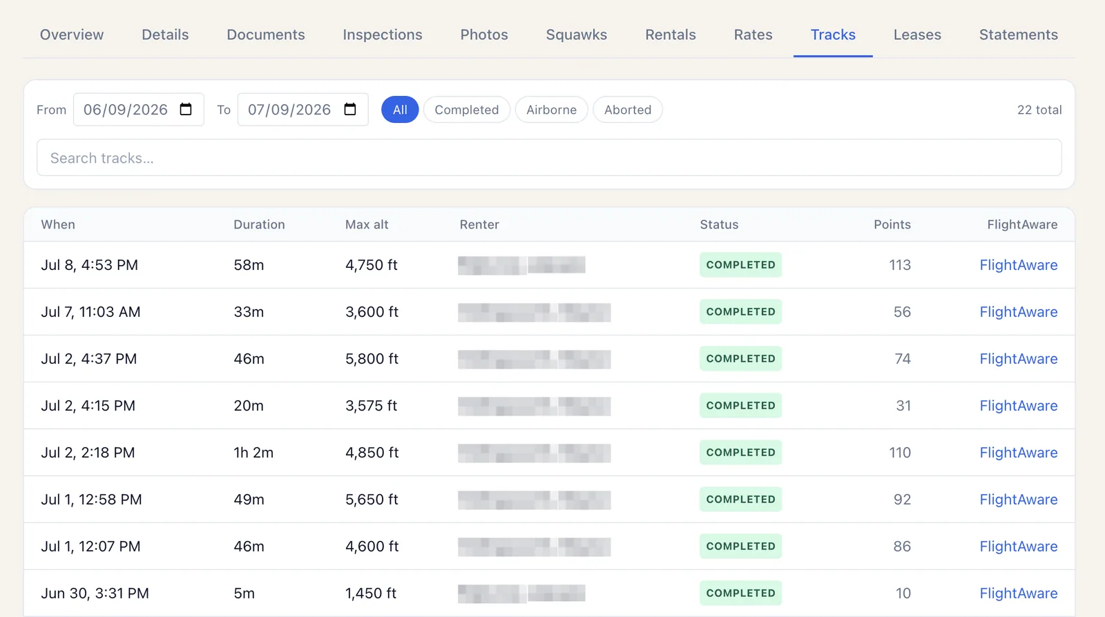 Per-rental flight-track list with duration, max altitude, and FlightAware links