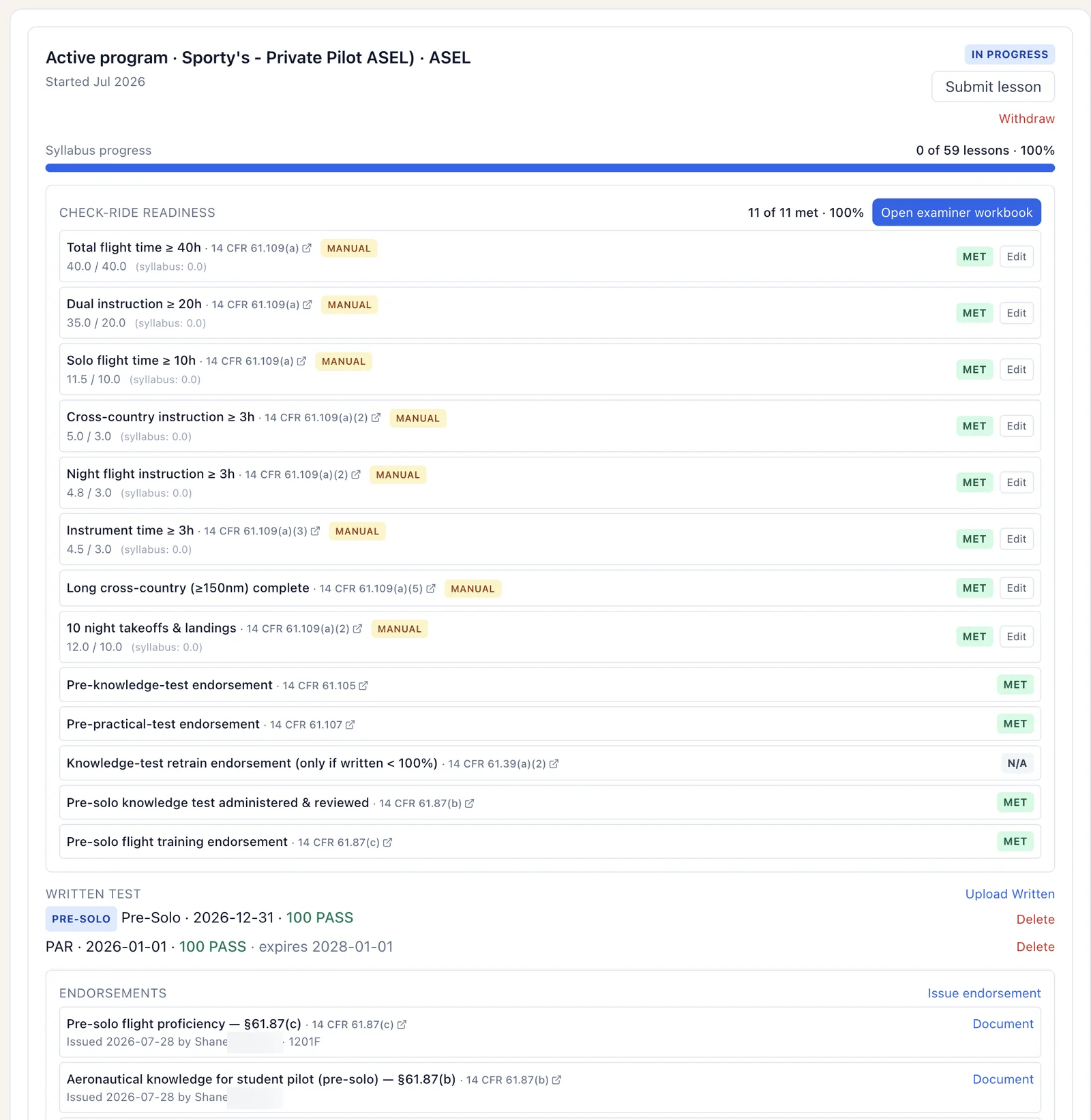 Check-ride readiness — ACS-mapped requirements met, endorsements, and examiner workbook